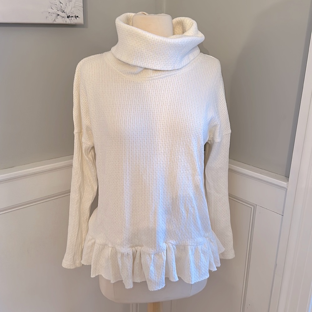 Pink Lily white cowl neck top with ruffle detail. Size medium